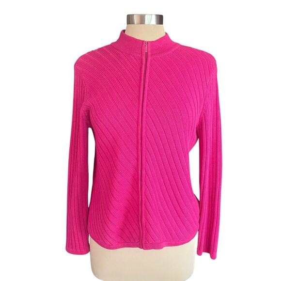 Talbots Fuchsia Pink Full Zip Sweater Cardigan Size SMALL Ribbed Knit Heavy Knit - Picture 2 of 8